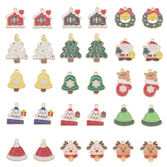 30 Pieces Christmas Holiday Charm Alloy Enamel Bell Snowman Xmas Tree Pendants for Jewelry Necklace Earring Bracelet Making Home Decoration Craft DIY