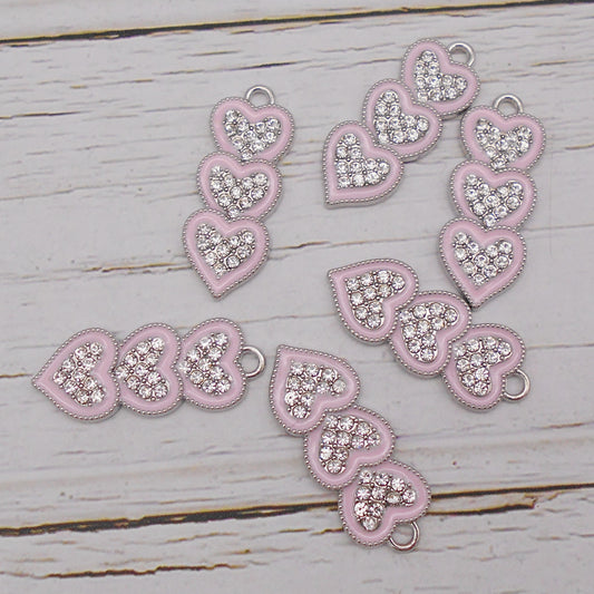 30pcs Pink Alloy Enamel Charms 3 Hearts Rhinestones Pendant  for Jewelry Necklace Bracelet Earring Making Keychain Bookmark DIY Craft Findings10pcs/pack