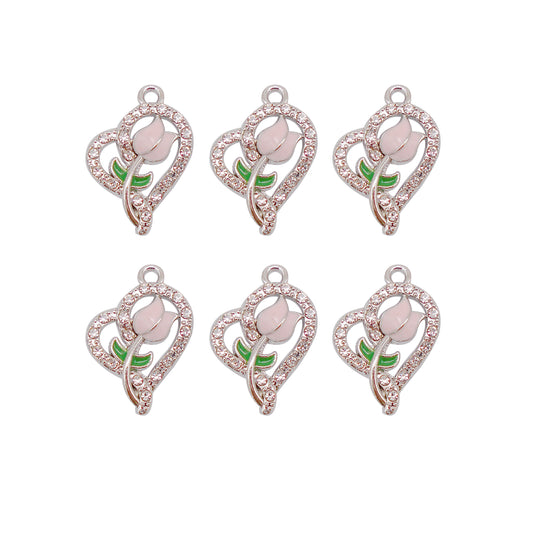 30pcs Pink Heart Rose  Alloy Enamel Charms Rhinestones Pendant for Jewelry Necklace Bracelet Earring Making Keychain Bookmark DIY Craft Findings10pcs/pack