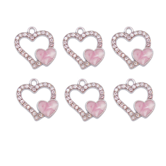 30pcs Pink White Heart Alloy Enamel Charms Rhinestones Pendant for Jewelry Necklace Bracelet Earring Making Keychain Bookmark DIY Craft Findings