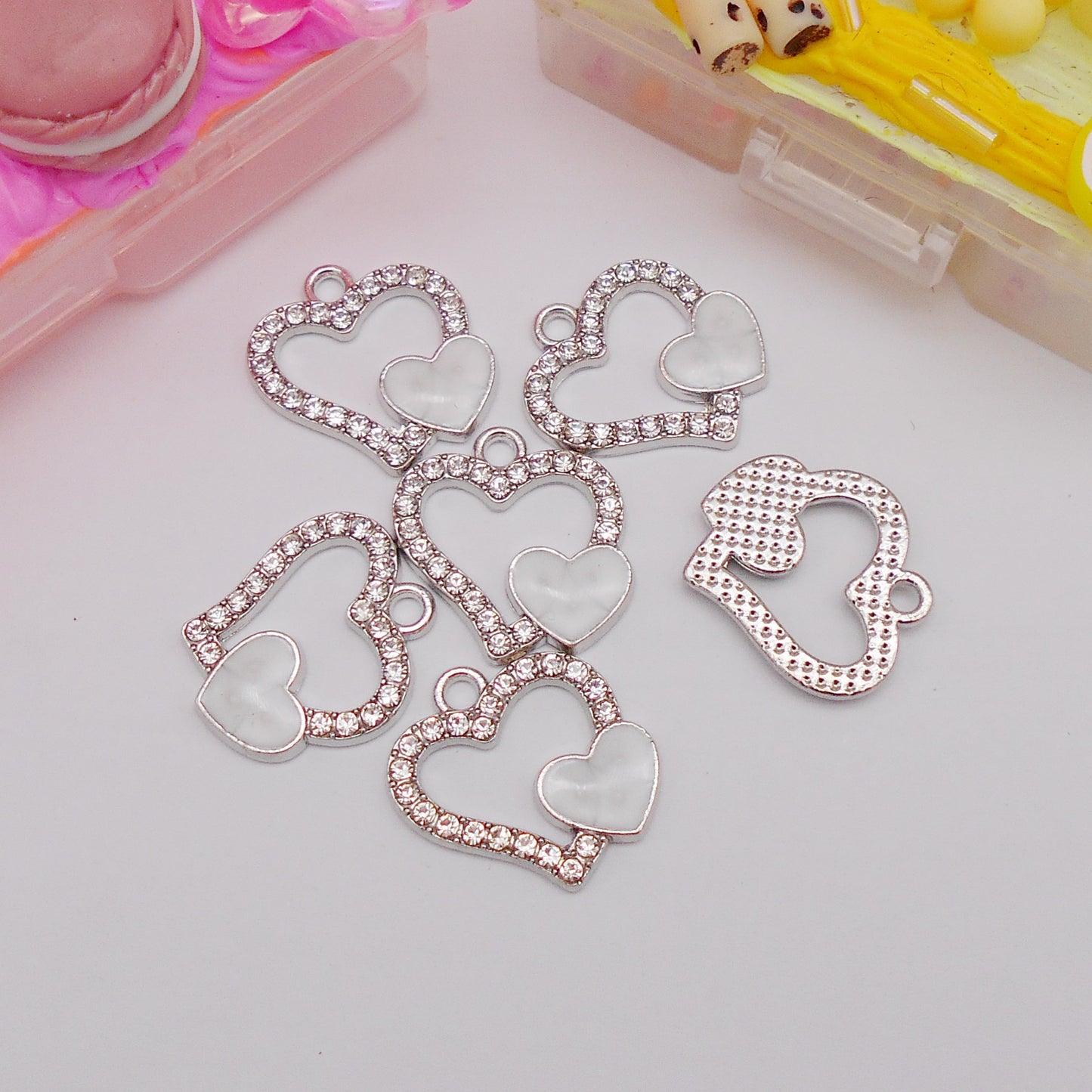 30pcs Pink White Heart Alloy Enamel Charms Rhinestones Pendant for Jewelry Necklace Bracelet Earring Making Keychain Bookmark DIY Craft Findings