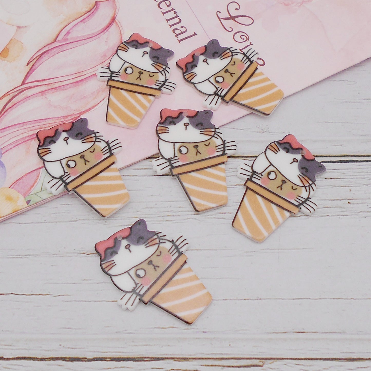 10pcs Acrylic Cat Pendant Charm Carton Kitty in Cup Charm for Jewelry Necklace Earring Mkaing DIY Craft Bookmark Keychain DIY