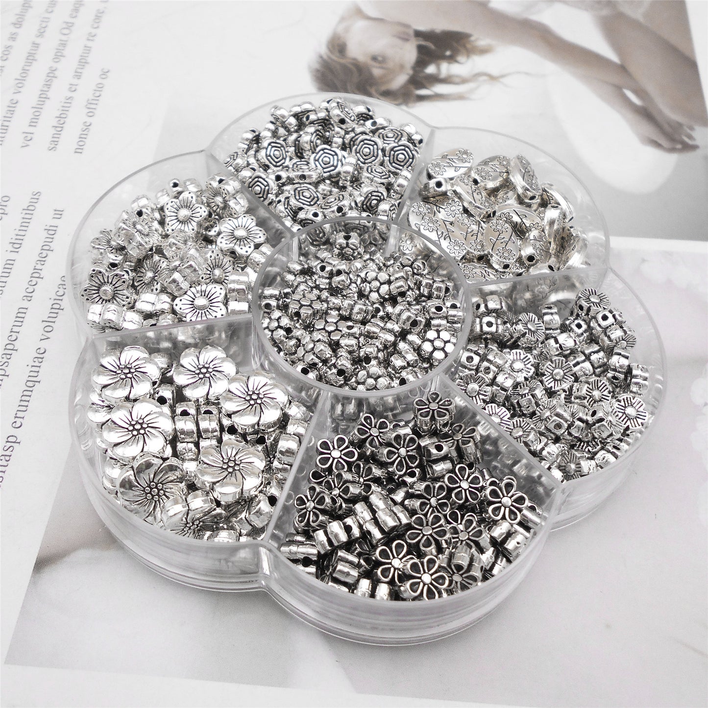 1 Box of 415-530pcs Alloy Metal Bead Antique Silver Spacer Beads Mixed Flower Ball Loose Bead for Bracelets Necklaces Earrings Jewelry Making