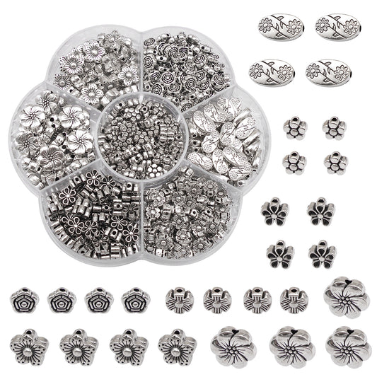 1 Box of 415-530pcs Alloy Metal Bead Antique Silver Spacer Beads Mixed Flower Ball Loose Bead for Bracelets Necklaces Earrings Jewelry Making