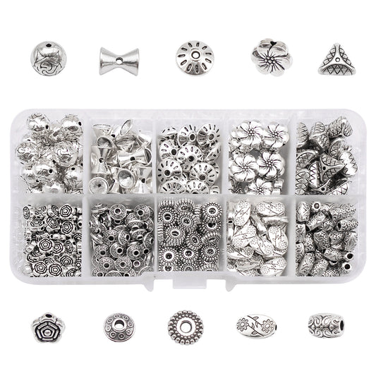 1 Box of 350pcs Alloy Metal Bead Antique Silver Spacer Beads Mixed Flower Ball Loose Bead for Bracelets Necklaces Earrings Jewelry Making