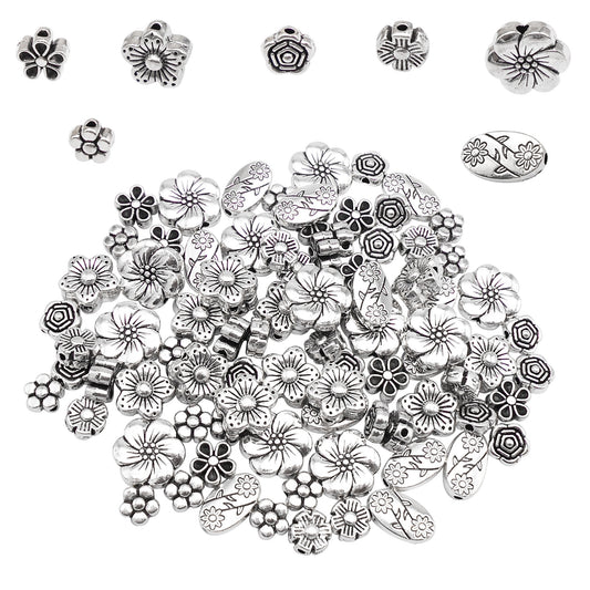 210PCS Mixed Alloy Antique Silver Spacer Beads Bulk Flower Loose Bead for Bracelets Necklaces Earrings Jewelry Making 7 Styles