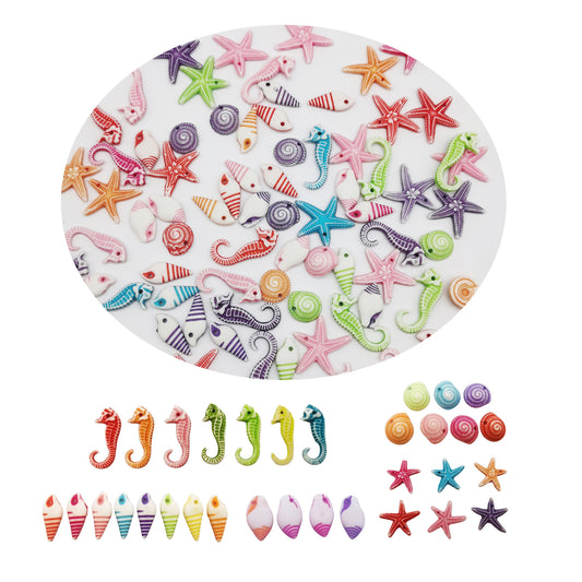 100-130 PCS Mixed Resin Marine Animal Charms Assortment Colorful Seahorse Starfish Conch Pendants Summer Ocean Theme Jewelry Crafts Making Home Decor