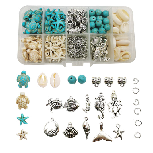 1 Box 200Pcs Stone Jewelry Making Kit, Summer Ocean Animals Starfish Mermaid Turtle Beads Charms Natural Seashell Beads for DIY Necklace Earring Bracelet Anklet Jewelry Making