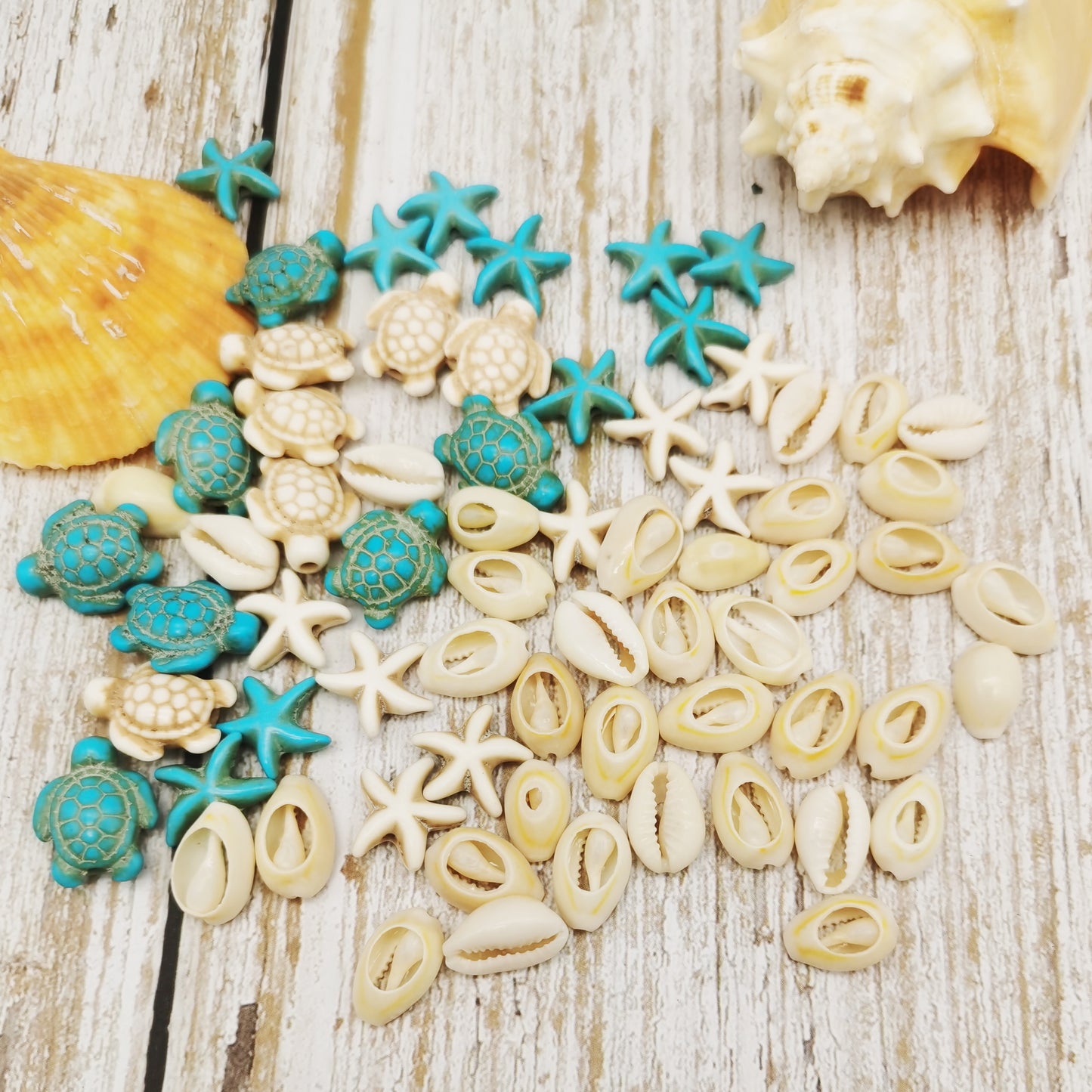 130pcs Artificial turquoise turtle starfish beads with Cowire shell beads Mixed spacer beads loose beads for sea beach jewelry making DIY