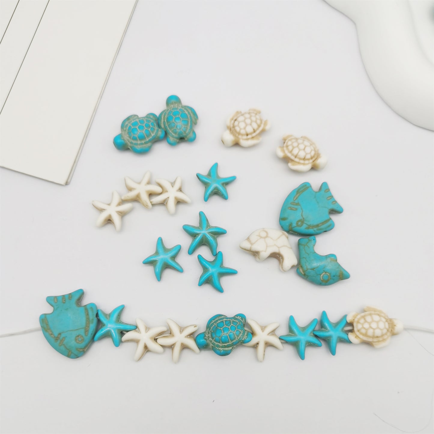 55PCS Man-made Turquoise Beads Blue White Starfish Turtle Dolphin Fish Ocean Charms for Jewelry Making Summer Beach Beads Sea Pendants Necklace Earring Bracelet Craft DIY Supplies