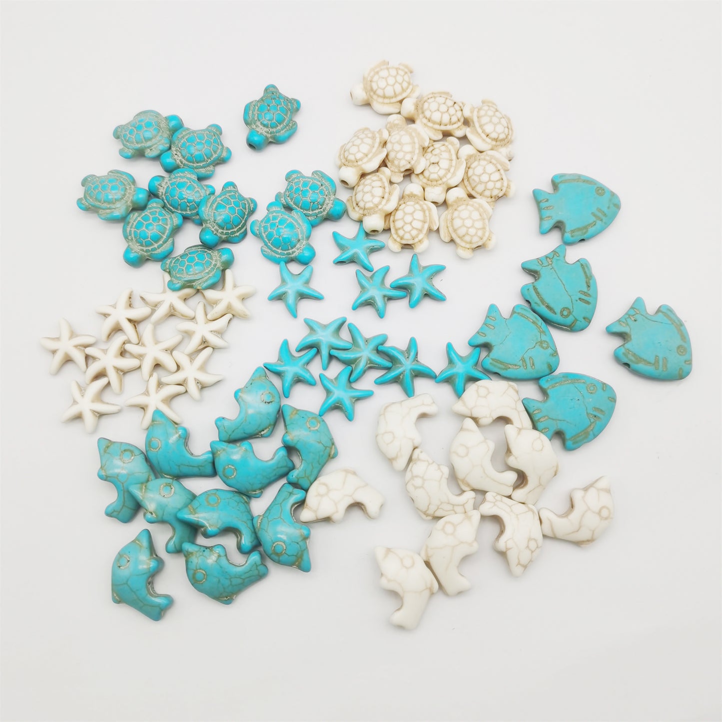 55PCS Man-made Turquoise Beads Blue White Starfish Turtle Dolphin Fish Ocean Charms for Jewelry Making Summer Beach Beads Sea Pendants Necklace Earring Bracelet Craft DIY Supplies