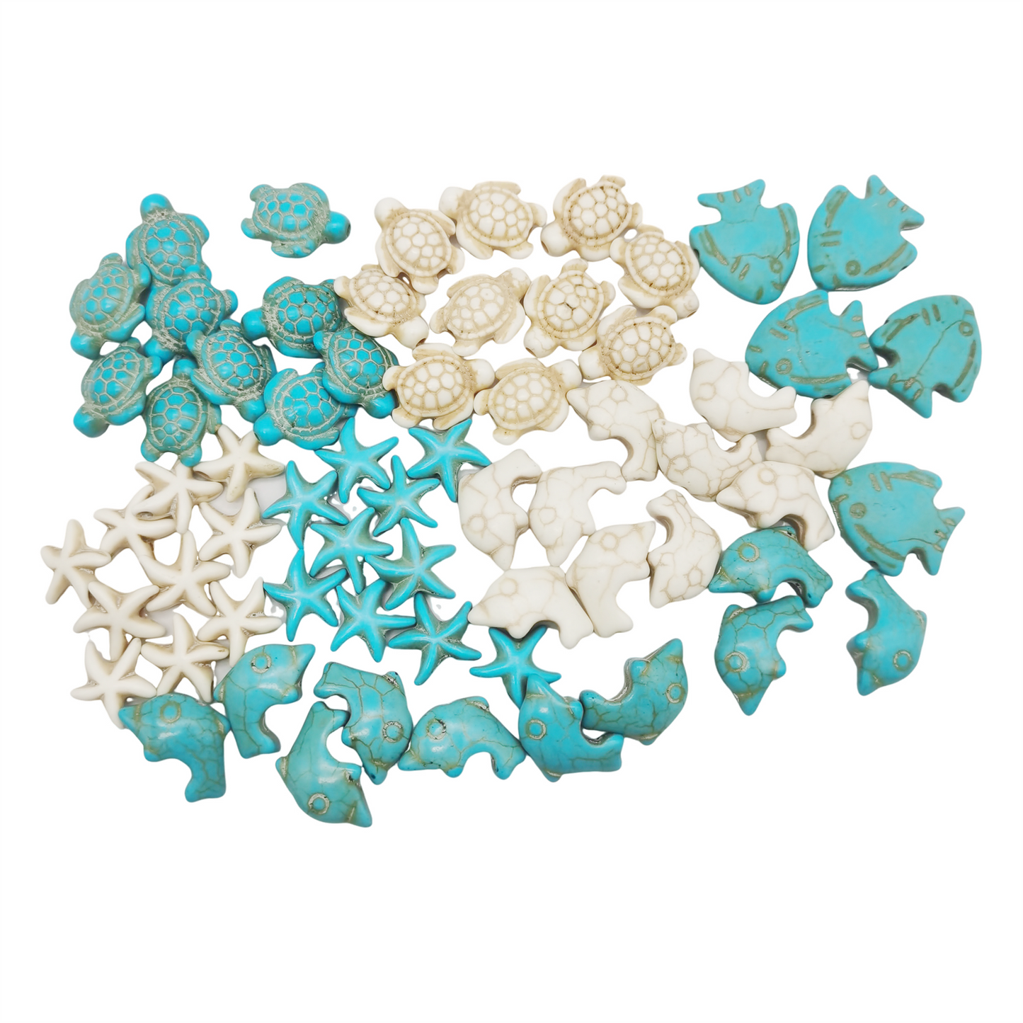 55PCS Man-made Turquoise Beads Blue White Starfish Turtle Dolphin Fish Ocean Charms for Jewelry Making Summer Beach Beads Sea Pendants Necklace Earring Bracelet Craft DIY Supplies