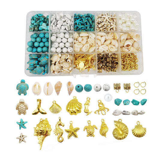 422PCS Gold Alloy Pendants Seashells Man-Made Turquoise Beads Starfish Turtle Ocean Charms for Jewelry Making Summer Beach Bead Necklace Bracelet Crafts DIY Accessory