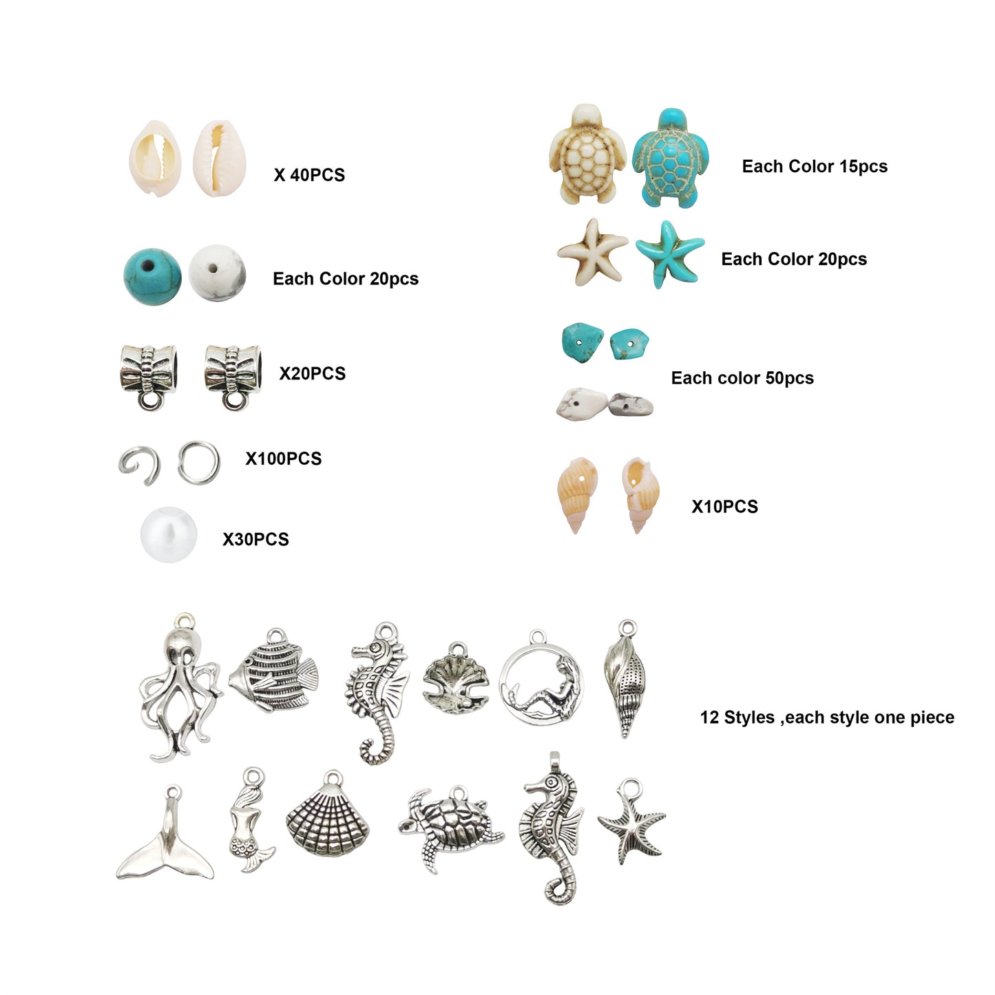 422 PCS Antique Silver Alloy Pendants Seashells Man-Made Turquoise Beads Starfish Turtle Ocean Charms for Jewelry Making Summer Beach Bead Necklace Earring Bracelet Craft DIY Accessory