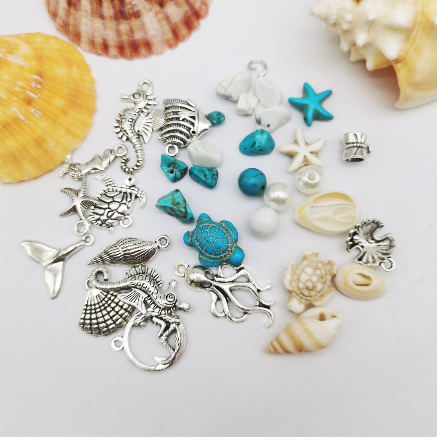 422 PCS Antique Silver Alloy Pendants Seashells Man-Made Turquoise Beads Starfish Turtle Ocean Charms for Jewelry Making Summer Beach Bead Necklace Earring Bracelet Craft DIY Accessory