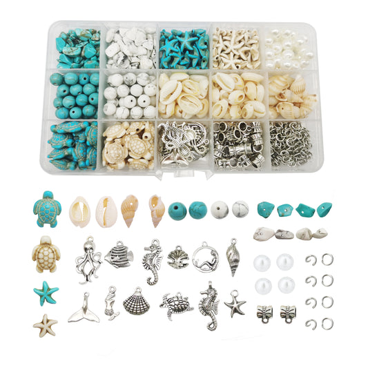 422 PCS Antique Silver Alloy Pendants Seashells Man-Made Turquoise Beads Starfish Turtle Ocean Charms for Jewelry Making Summer Beach Bead Necklace Earring Bracelet Craft DIY Accessory