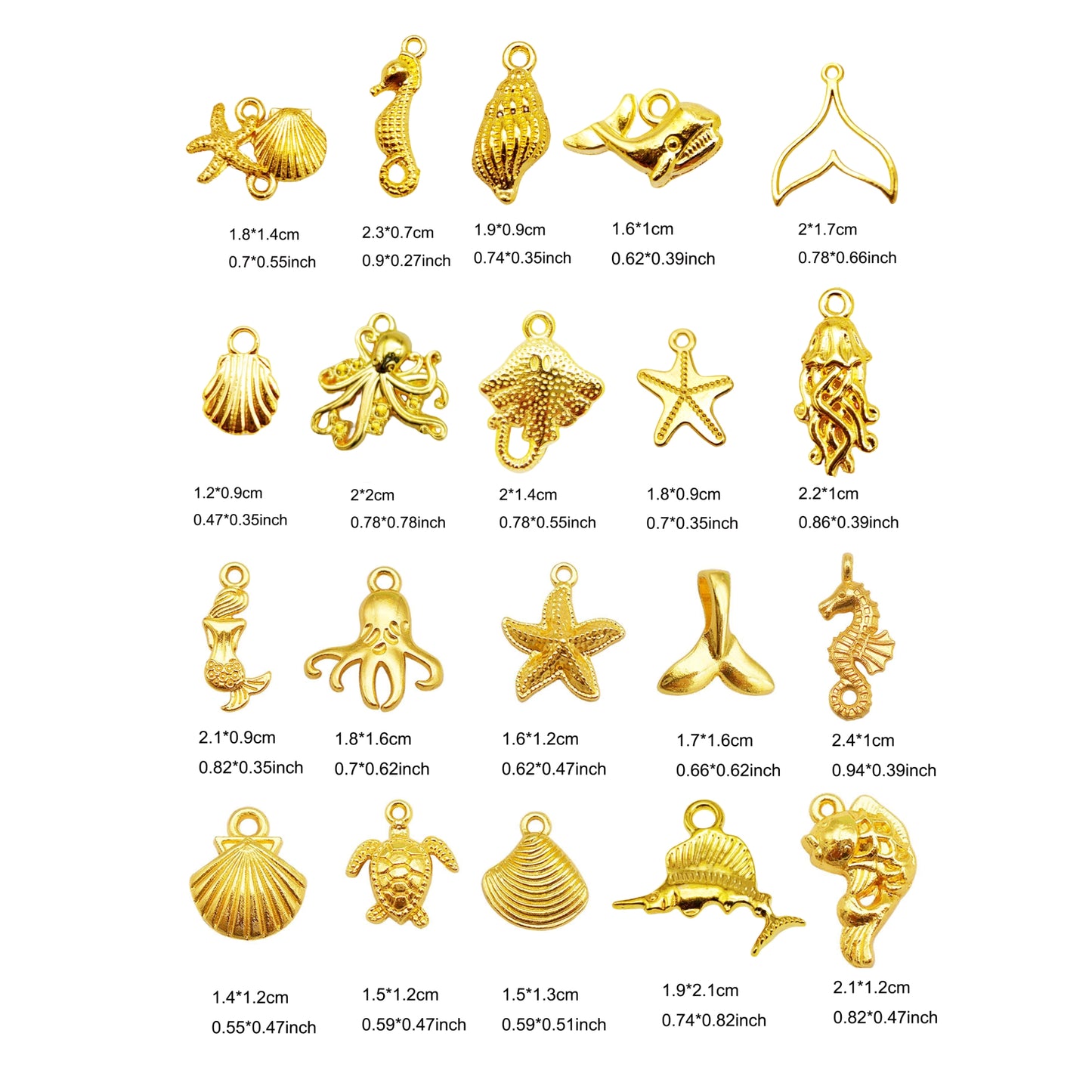 200PCS Gold Sea Animal Charms Assortment Starfish Shells Bulk Ocean Pendants Mermaid Tail Fish for Summer Beach Jewelry Necklace Bracelet Making DIY Crafts