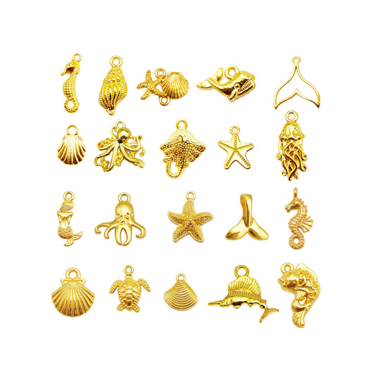 200PCS Gold Sea Animal Charms Assortment Starfish Shells Bulk Ocean Pendants Mermaid Tail Fish for Summer Beach Jewelry Necklace Bracelet Making DIY Crafts