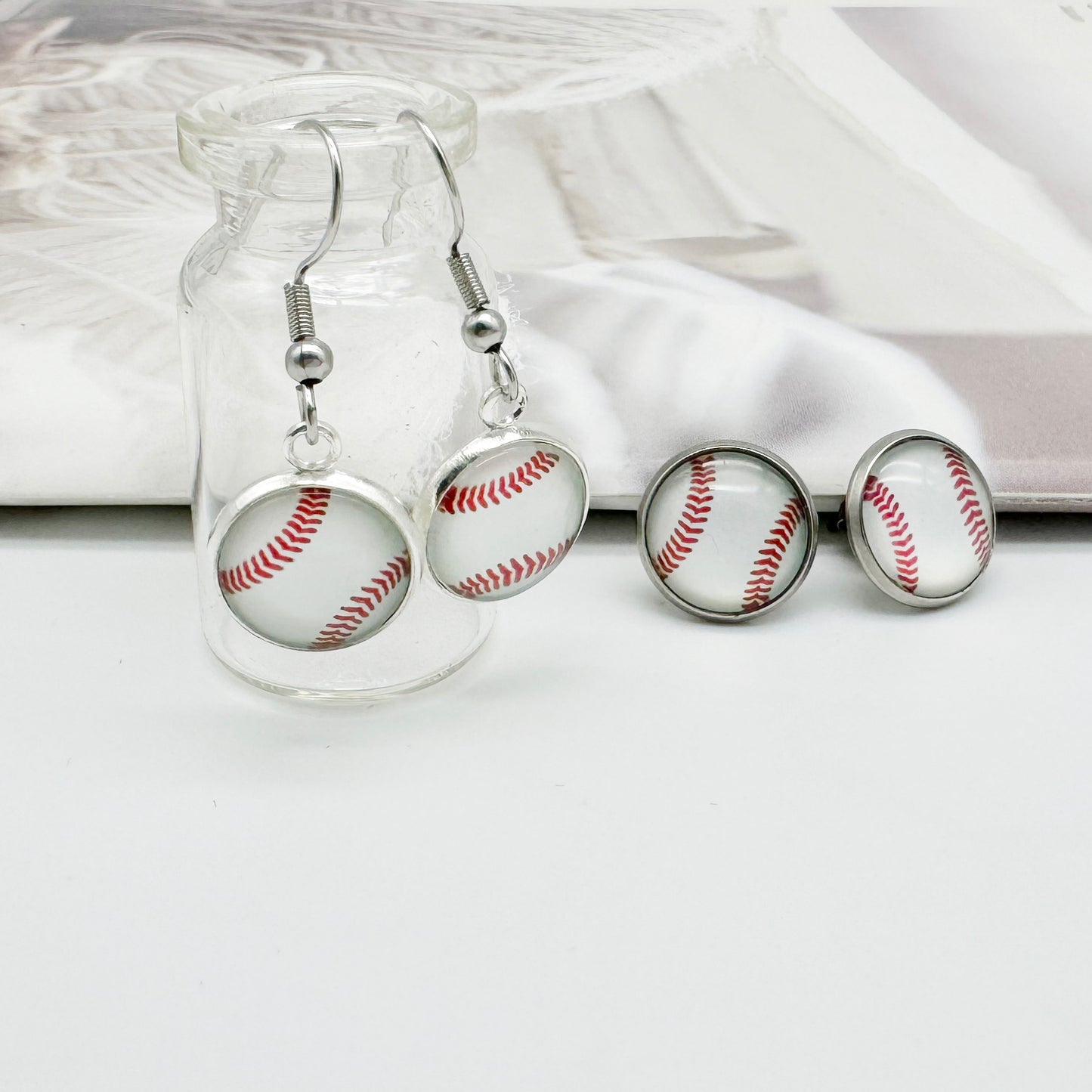 2 Pairs of Stainless Steel Softball Earrings for Women Hypoallergenic Glass Softball Cabochon Earring Studs Hooks Softball Player Fan Gift