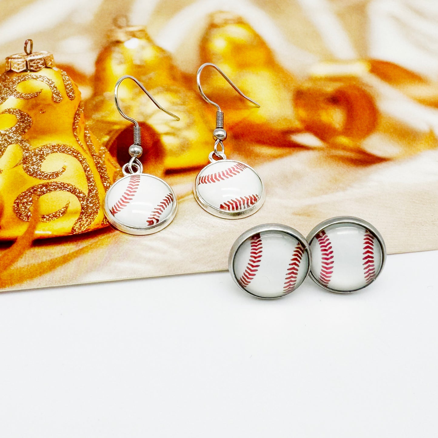 2 Pairs of Stainless Steel Softball Earrings for Women Hypoallergenic Glass Softball Cabochon Earring Studs Hooks Softball Player Fan Gift