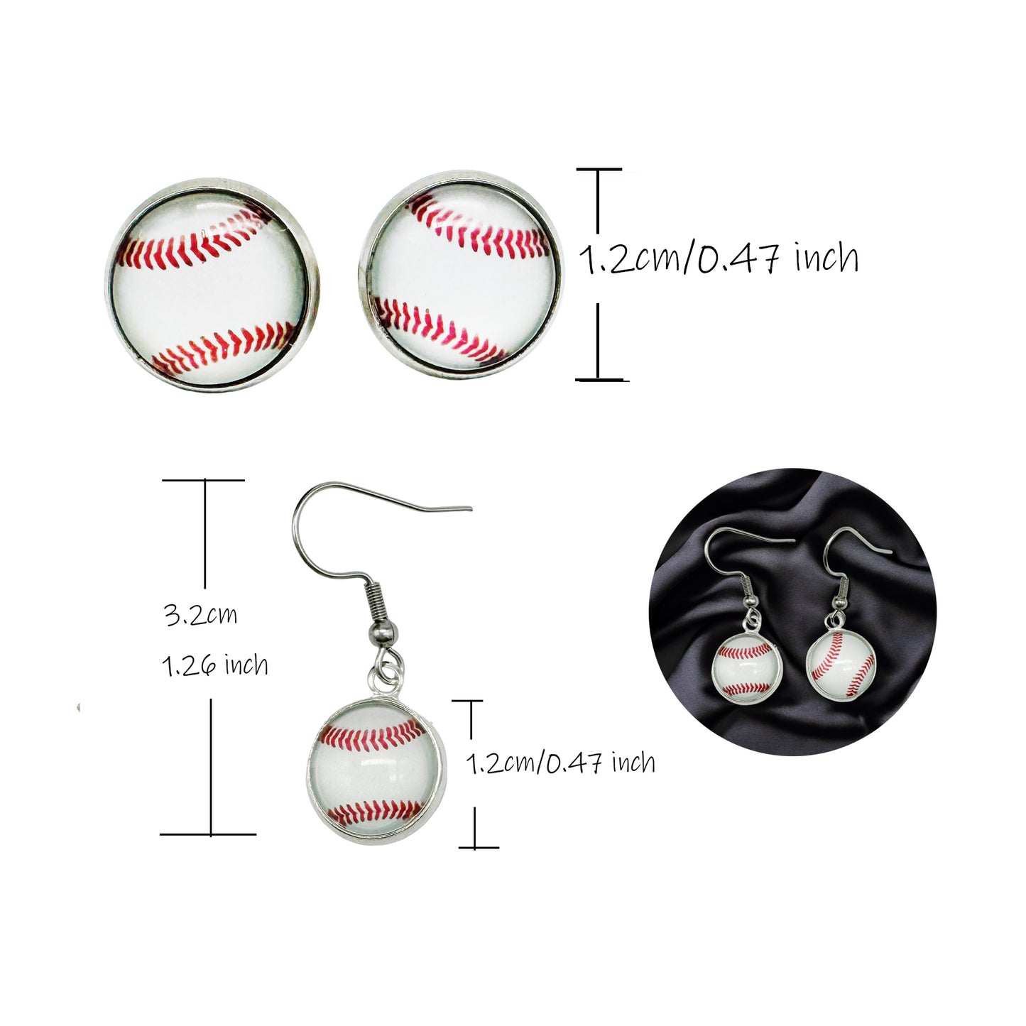 2 Pairs of Stainless Steel Softball Earrings for Women Hypoallergenic Glass Softball Cabochon Earring Studs Hooks Softball Player Fan Gift