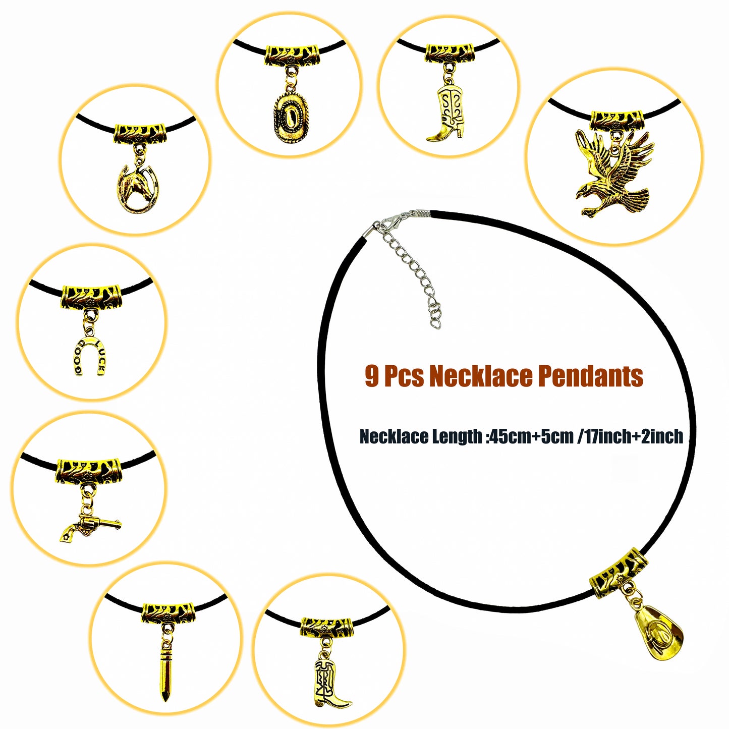 9pcs Western Cowgirl Necklace Antiqued Gold Color Cowboy Necklaces Alloy Boot Hats Eagles Pendant Necklace for Women Jewelry Gifts