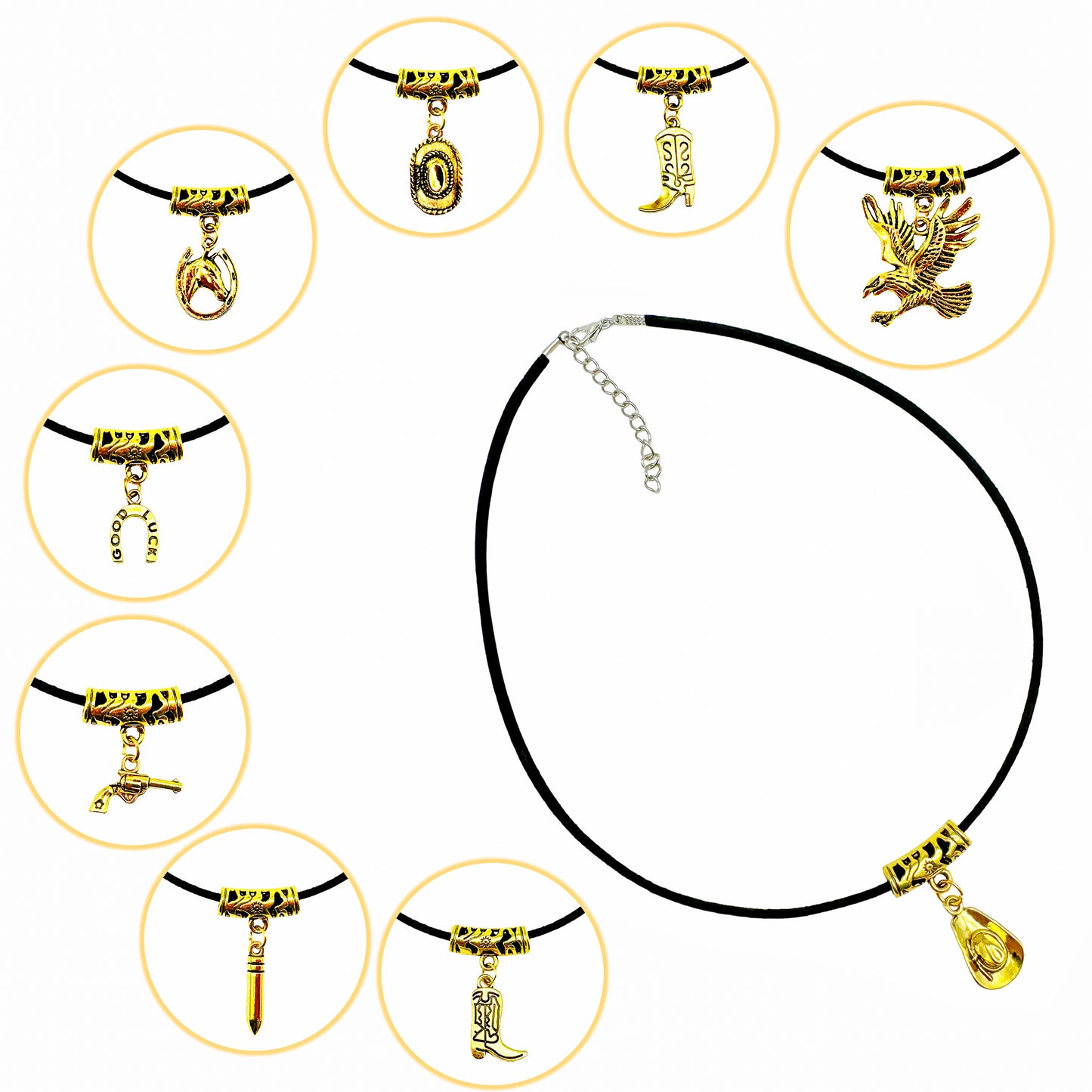 9pcs Western Cowgirl Necklace Antiqued Gold Color Cowboy Necklaces Alloy Boot Hats Eagles Pendant Necklace for Women Jewelry Gifts